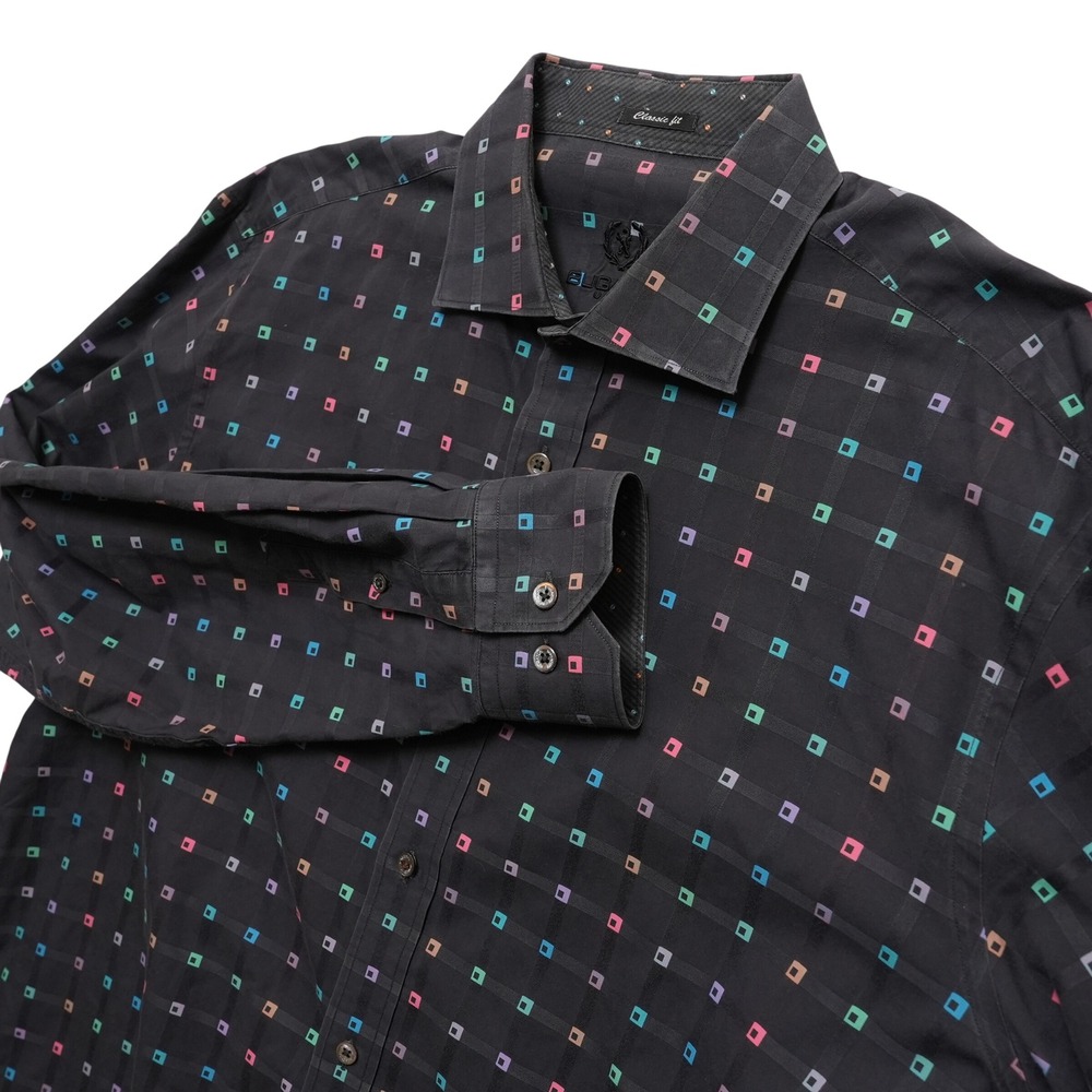 Bugatchi Uomo Mens XL Black Multi Color Geometric Long Sleeve Button Up